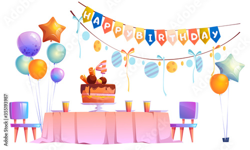 Kids birthday party decoration, festive cake with four years old candle on table with plates and glasses, chairs, balloons bunches and garlands isolated on white background Cartoon vector illustration