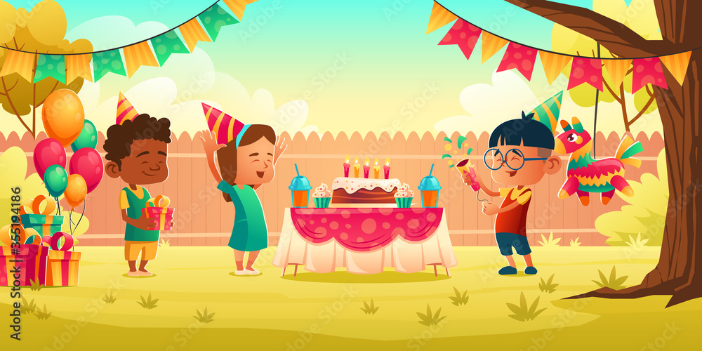 Fototapeta premium Girl celebrate birthday with friends, receive gift on house backyard with decoration, festive cake with candles. Little child in hat get present from guests. Children party Cartoon vector illustration