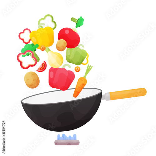 Stir fry. Cooking process vector illustration. Flipping Asian food in a pan.
