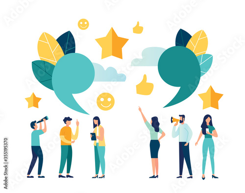 vector illustration of the characters. melenkie people leave online reviews about purchased products through the Internet. graphic design illustration for online store. good five star ratings 