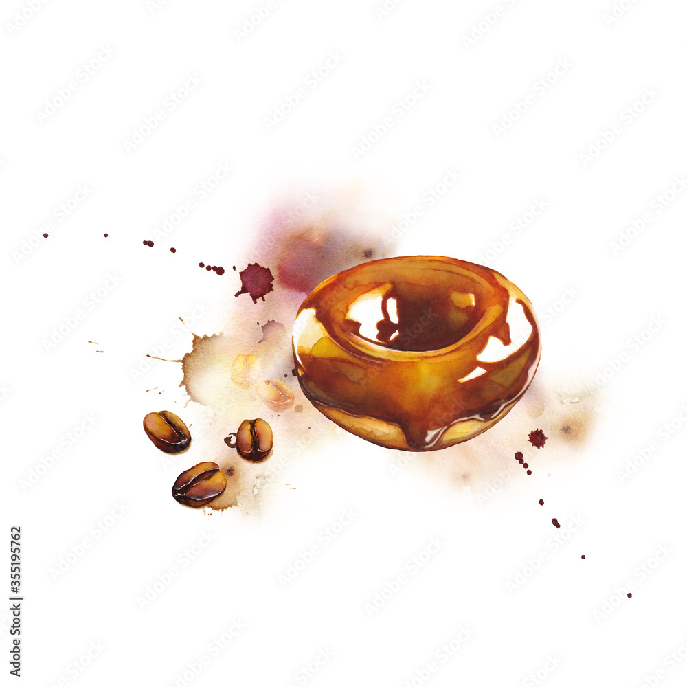 Fototapeta premium Watercolor painted donut and coffee beans