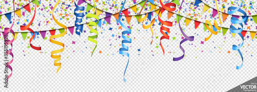 confetti, garlands and streamers party background
