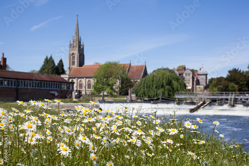 Views of Marlow through a field of daises in Buckinghamshire in the United Kingdom