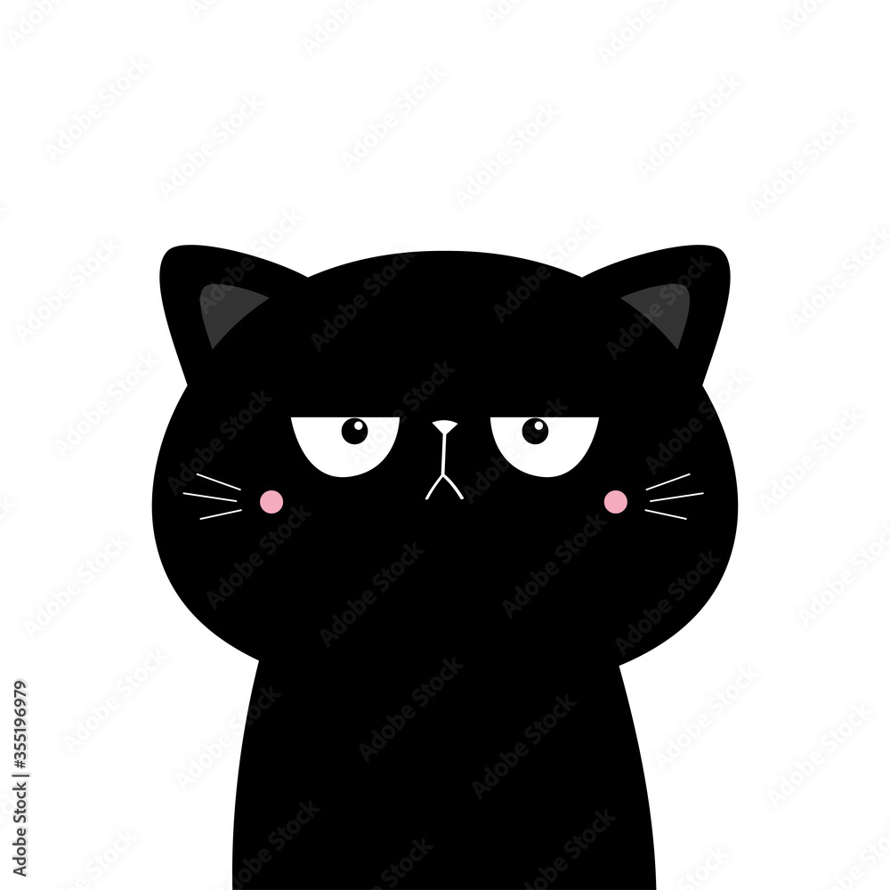 Black cat kitten kitty silhouette icon. Cute kawaii cartoon sad character. Pink cheeks. Happy Valentines Day. Baby greeting card tshirt notebook cover print. White background. Flat design.