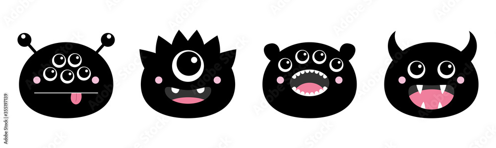 Happy Halloween. Monster head face icon black silhouette set line. Funny baby collection. Eyes, horns, fang tooth, tongue. Cute cartoon kawaii character. Isolated. White background. Flat design.