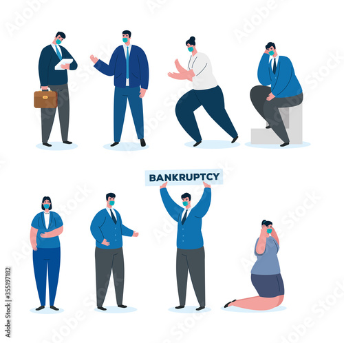 coronavirus crash, covid 19 economy collapse, group business people wearing surgical mask, bankruptcy concept