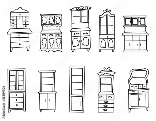 Set of antique cabinets drawn in sketch style.Collection of antique wardrobes isolated on a white background.Furniture and decorative elements for Doodle-style interiors.Hand drawn vector illustration
