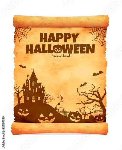 Halloween silhouette vector illustration (Tattered old paper with curled edge)