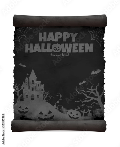 Halloween silhouette vector illustration (Tattered old paper with curled edge)