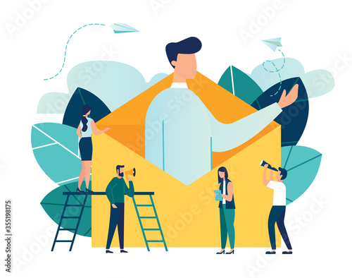 Vector illustration, concept of an e-mail message, a new incoming sms, a large person climbs out of the envelope and notifies the message, mail notification sending