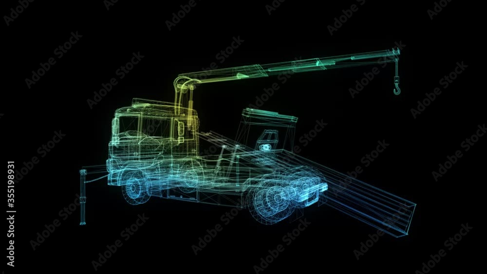 Tow car. Glow points and line formation of tow truck. 4k animation. Breakdown crane with with a platform for transporting cars. Digital technology visualization of 3d.