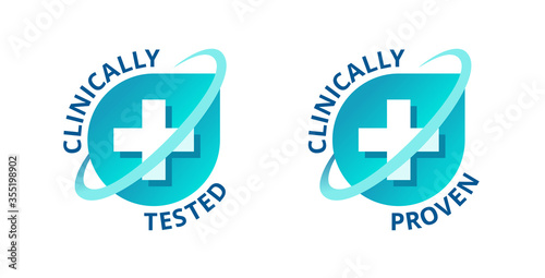 Clinically tested and clinically proven sticker for laboratory tested products - vector element with medical cross in 2 variations photo