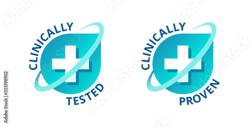 Clinically tested and clinically proven sticker for laboratory tested products - vector element with medical cross in 2 variations