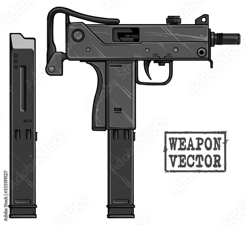 Graphic black and white detailed silhouette metal uzi submachine gun with ammo clip and rifle butt. Isolated on white background. Vector icon.