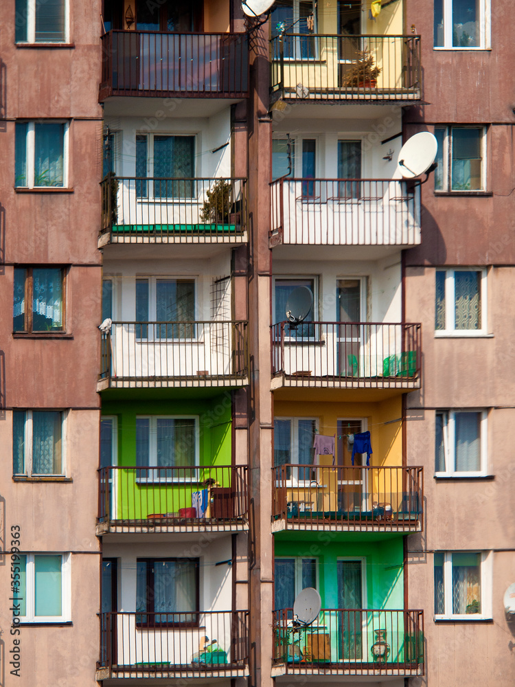 Highrise Apartment Facade with Colorful Balconies, Sosnowiec, Poland, Europe