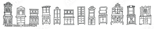 Set of antique cabinets drawn in sketch style.Collection of antique wardrobes isolated on a white background.Furniture and decorative elements for Doodle-style interiors.Hand drawn vector illustration