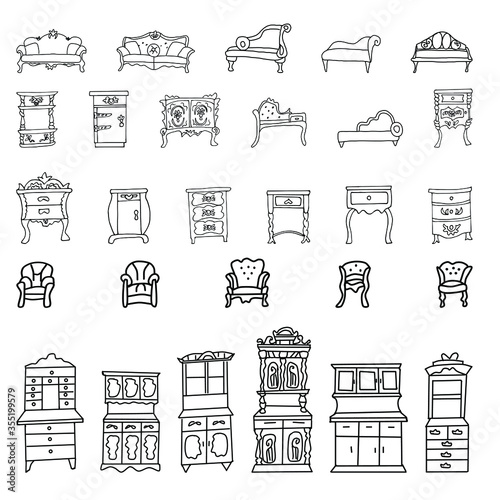 A set of elegant antique chests of drawers, tables, cabinets, sofas, couches, armchairs is made in the style of a sketch. The Doodle is isolated. Vector drawn collection of vintage furniture 