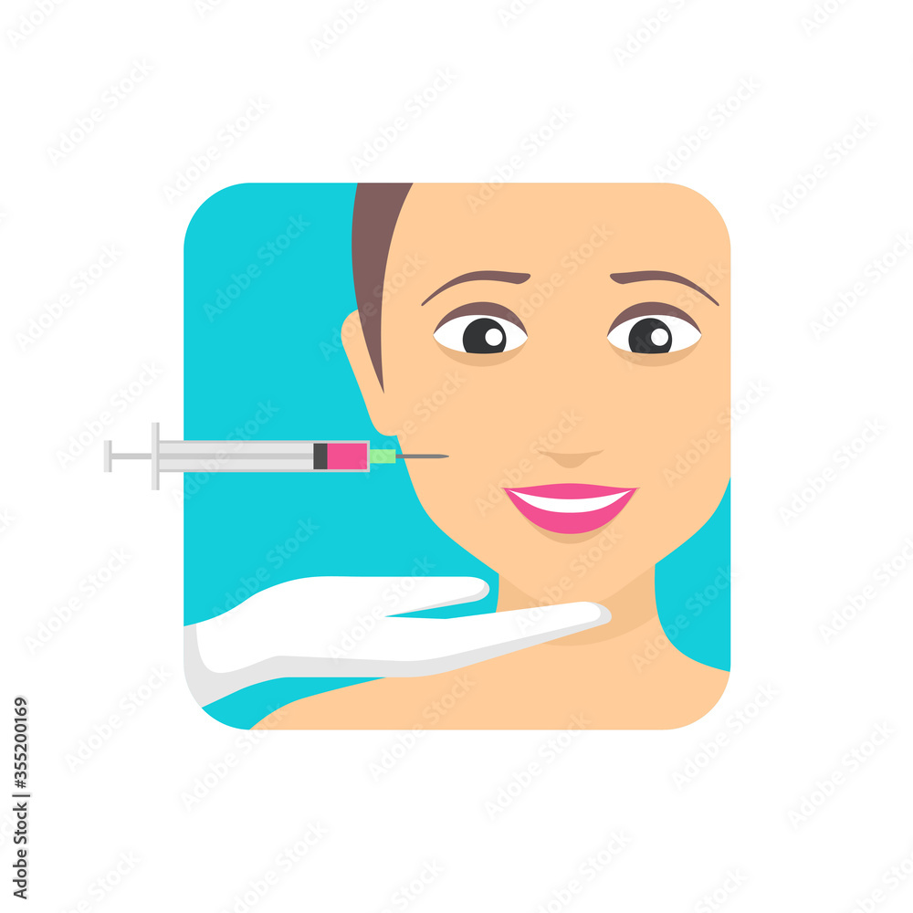 Beauty injections icon - anti-age cosmetology medicine - vector picture with woman, syringe and doctor hand Beauty injections icon - anti-age cosmetology medicine - vector picture with woman, syringe and doctor hand