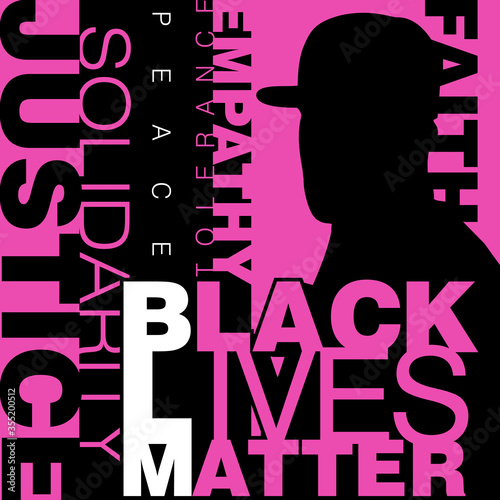 Vector illustration of a faceless black man wearing a cap on a neon pink background with a caption Black Lives Matter on the foreground