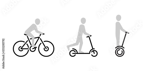 People silhouettes riding bicycle, kick scooter and gyro scooter - set of vector road signs for parks, areas, streets