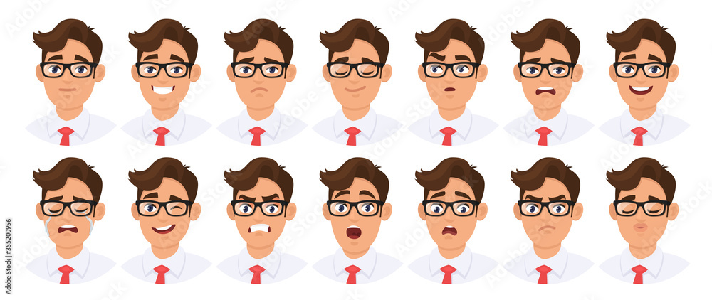 Set of male character's different facial expression. Collection of young  man's various emotions or emoji. Collage of human emotional feelings or  mood. Cartoon style vector illustration. Stock Vector | Adobe Stock