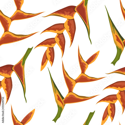 Tropical flowers seamless pattern. Heliconia image. Fabric print. Exotic textile design. Orange floral plant in cartoon style. Jungle flora
