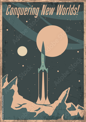 Retro Space Poster, Retro Future Rocket Launch, Alien Planet Landscape