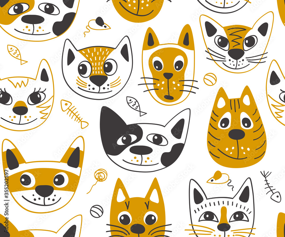 Seamless pattern with yellow cats. Background for fabric, textile, wallpaper, posters, gift wrapping paper, napkins, tablecloths, pajamas. Print for kids, baby, children Seamless pattern with yellow cats. Background for fabric, textile, wallpaper, posters, gift wrapping paper, napkins, tablecloths, pajamas. Print for kids, baby, children