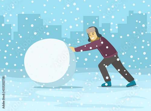 Happy man rolling a big snowball. Winter games. Flat vector illustration.
