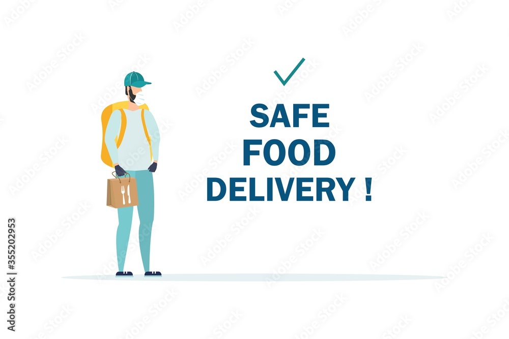 Safe food delivery. isolation due to the COVID-2019 coronavirus. The courier leaves the parcel at the door Safe food delivery. isolation due to the COVID-2019 coronavirus. The courier leaves the parcel at the door