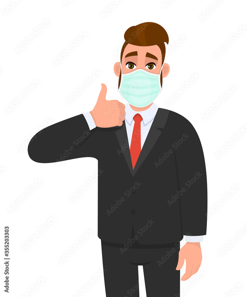 Young business man wearing medical mask and showing thumbs up sign. Trendy hipster person covering face protection and gesturing hand symbol. Male character cartoon illustration design in vector style Young business man wearing medical mask and showing thumbs up sign. Trendy hipster person covering face protection and gesturing hand symbol. Male character cartoon illustration design in vector style