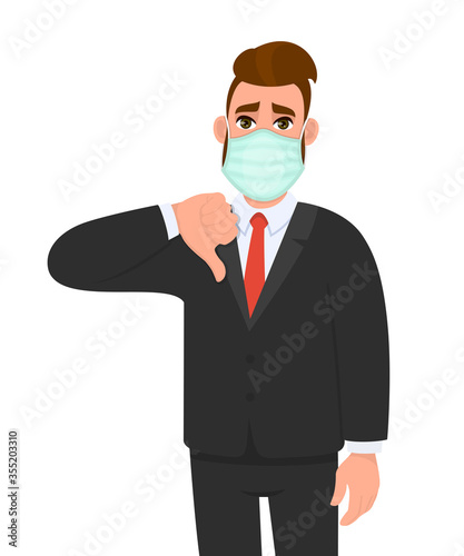 Unhappy young businessman wearing medical mask and showing thumbs down sign. Trendy hipster person covering face protection and gesturing hand symbol. Male character cartoon illustration in vector.