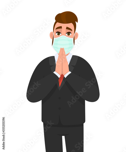 Young businessman wearing medical mask and praying hands. Trendy hipster person gesturing palms together. Male character covering face protection from virus. Cartoon illustration design in vector.
