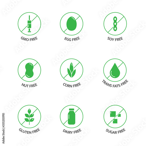 Organic food and drink stickers. Natural products green labels. Product free allergen line icons. Food intolerance. Food dietary. Healthy eating. GMO free emblems. Vegan, bio. Vector illustration
