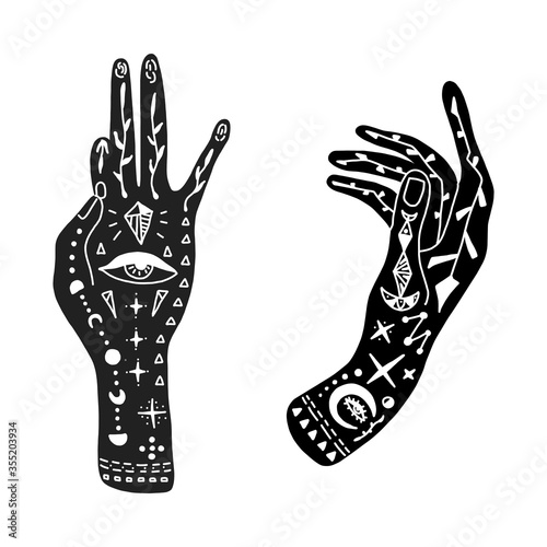 Tablou pe pânză Vector illustration of hands with tattoos, an alchemy symbol moon and eye