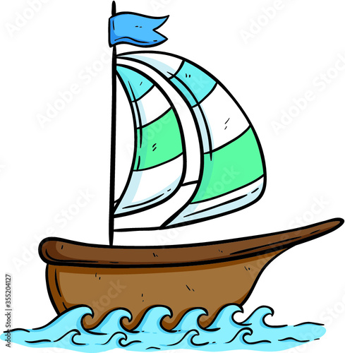 Wooden boat on the sea with doodle art