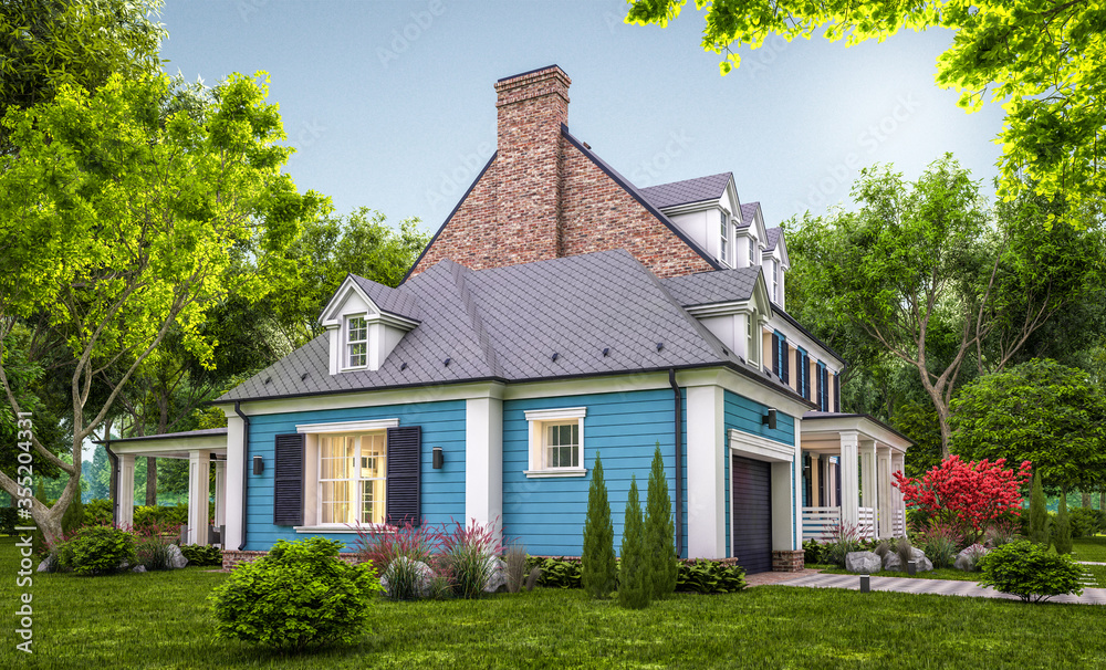 3d rendering of modern cozy classic house in colonial style with garage and pool for sale or rent with beautiful landscaping on background. Clear summer evening with cozy light from window 3d rendering of modern cozy classic house in colonial style with garage and pool for sale or rent with beautiful landscaping on background. Clear summer evening with cozy light from window