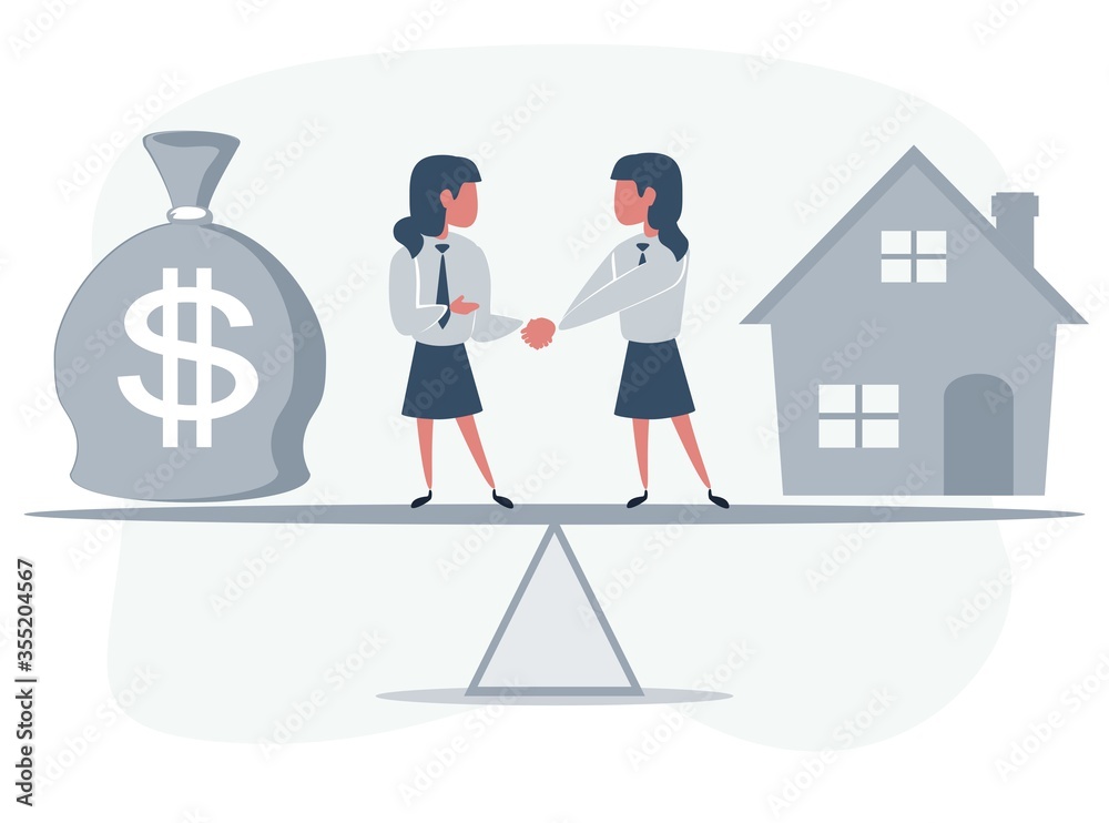 Business partners shaking hands as a symbol of unity. Business people standing on seesaw between house and bag of money. Female work. Woman buys a house. Vector flat design illustration.