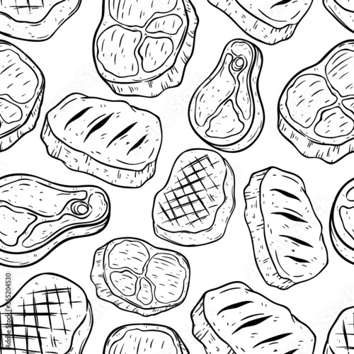 Doodle or hand drawing beef steak in seamless pattern