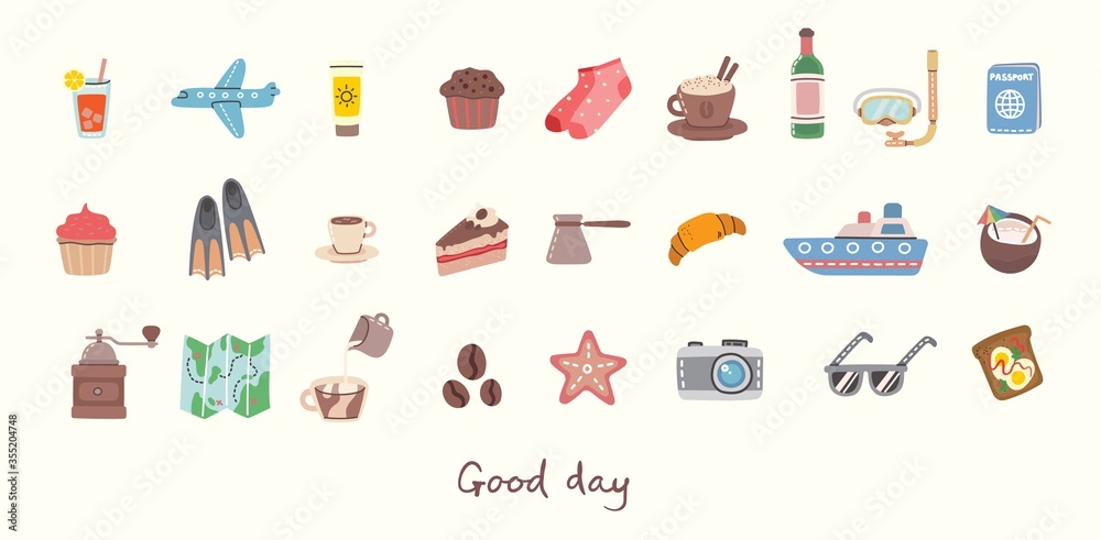 Big set of travel and summer holiday related objects and icons. For use on poster, banner, card and pattern collages. Modern vector flat style illustration Big set of travel and summer holiday related objects and icons. For use on poster, banner, card and pattern collages. Modern vector flat style illustration
