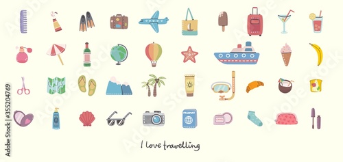 Big set of travel and summer holiday related objects and icons. For use on poster, banner, card and pattern collages. Modern vector flat style illustration