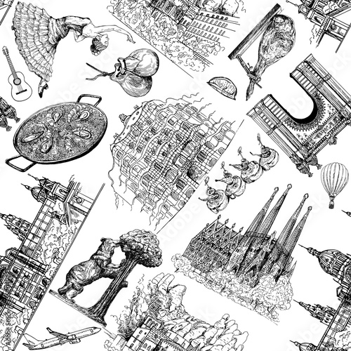 Seamless pattern of hand drawn sketch style Spain related objects isolated on white background. Vector illustration.