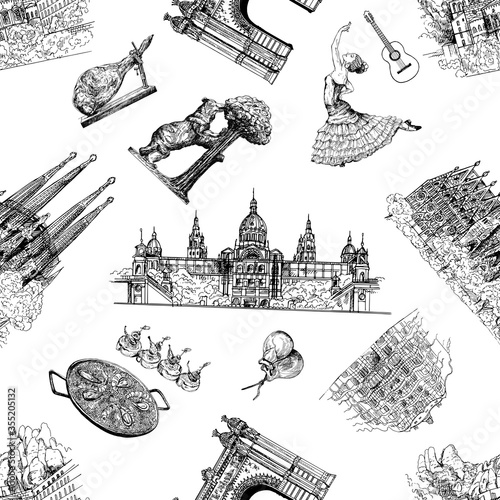 Seamless pattern of hand drawn sketch style Spain related objects isolated on white background. Vector illustration.