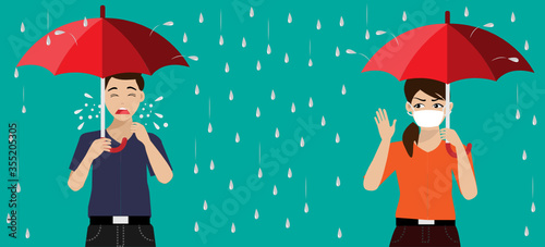 New normal in social distancing. Man holding umbrella, sneezing in heavy rain. Woman wearing surgical face mask feeling disgusting. Idea for COVID-19 prevention and other sickness in rainy season