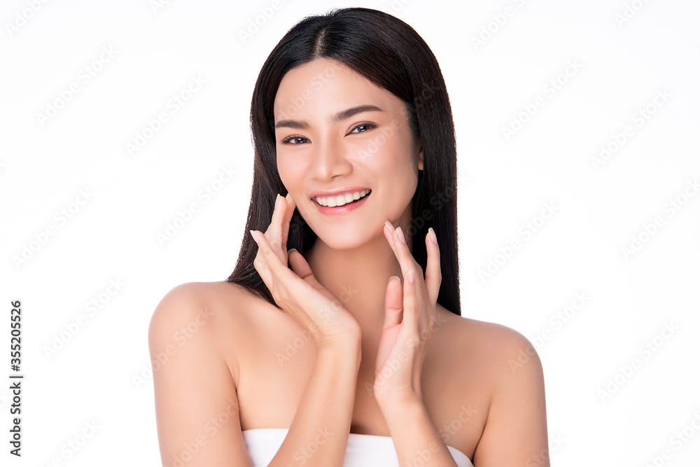 Beautiful Young asian Woman touching her clean face with fresh Healthy Skin, isolated on white background, Beauty Cosmetics and Facial treatment Concept Beautiful Young asian Woman touching her clean face with fresh Healthy Skin, isolated on white background, Beauty Cosmetics and Facial treatment Concept