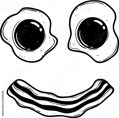 happy breakfast with smiling fried eggs and bacon using doodle art