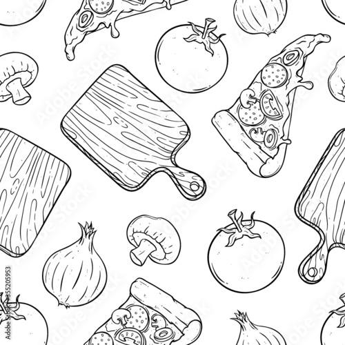 hand drawing or sketchy style of tasty pizza with vegetables and cutting board in seamless pattern