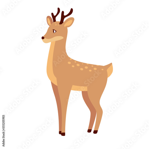 Adorable deer character. Cute forest animal isolated on white background. Flat cartoon vector illustration. Nursery room decoration element or card design element. © Eichi