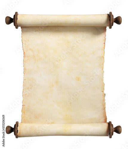 Vertical scroll or parchment with wooden handles. Isolated, clipping path included. photo
