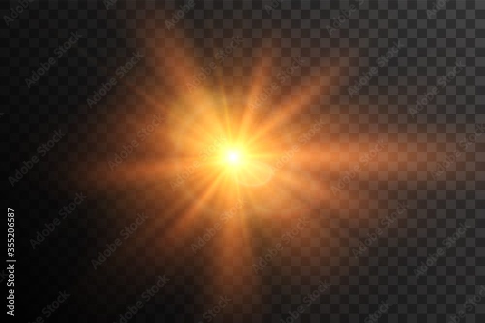 Sun vector on transparent background. Sun rays with transparency. Beams. Lens flare.